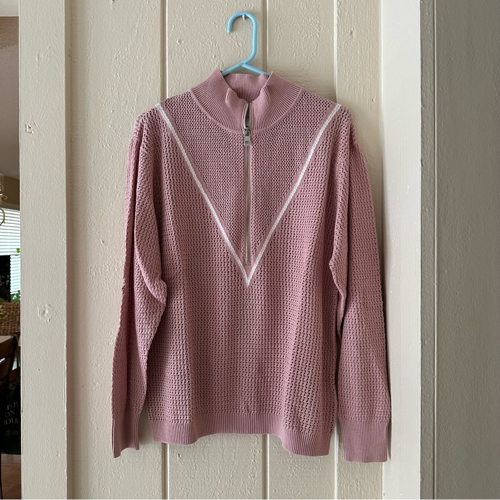 Varley Pink Half-Zip Waffle Knit Sweater with White Trim